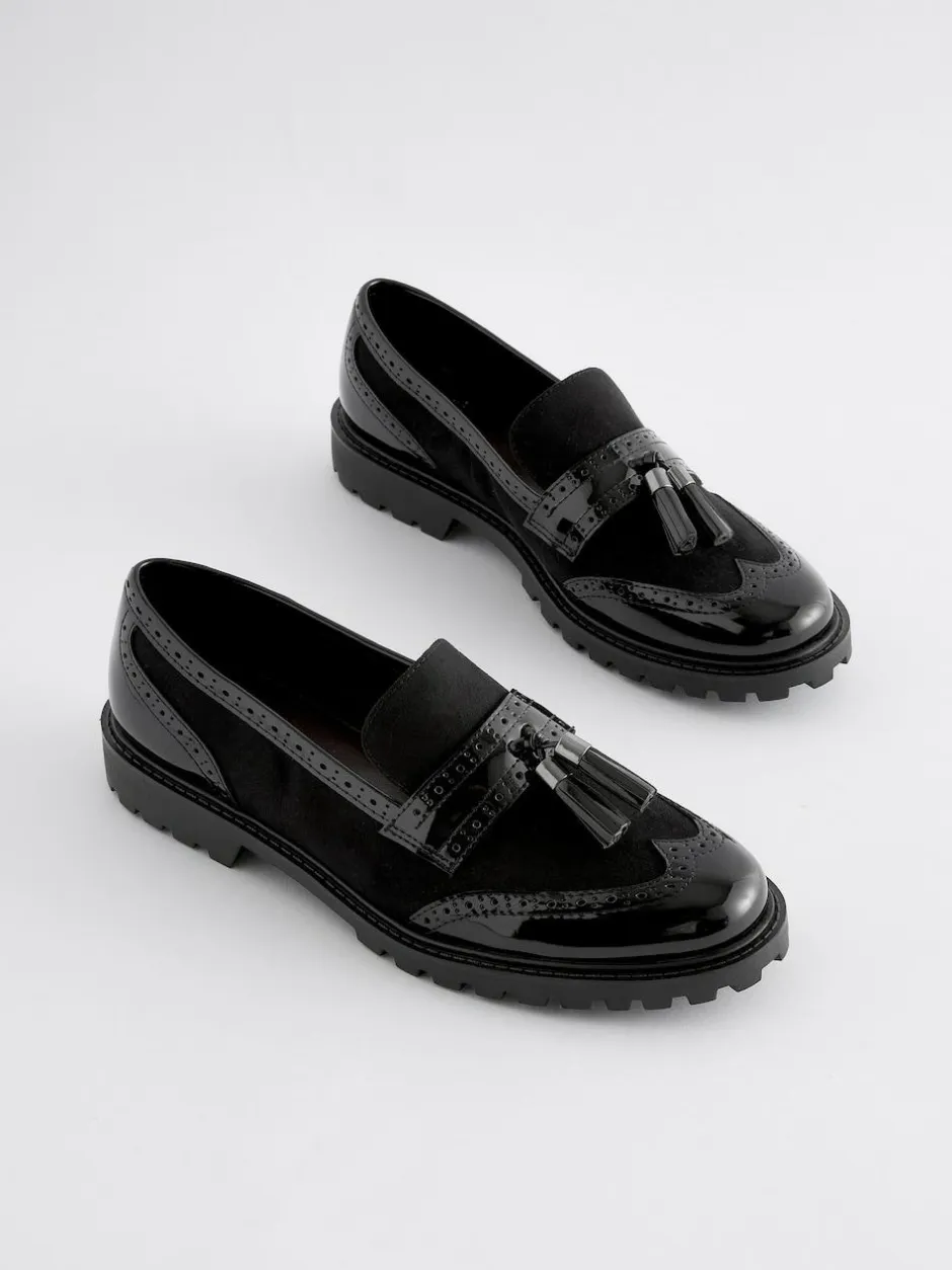 Next Standard/Wide Fit Tassel Detail Cleated Chunky Loafer Shoes Black Mix Discount