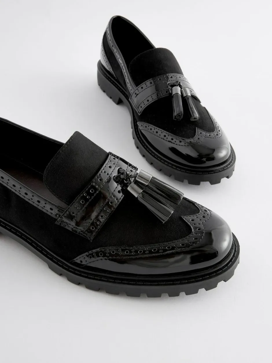 Next Standard/Wide Fit Tassel Detail Cleated Chunky Loafer Shoes Black Mix Discount