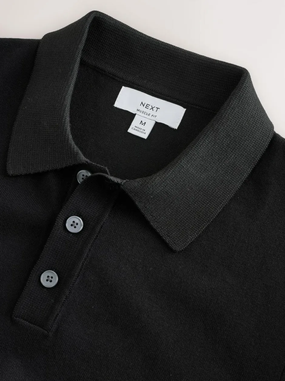 Next Muscle Fit Cotton Rich Short Sleeve Knit Polo Shirt Black Hot
