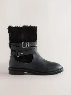 Next Forever Comfort® Borg Lined Buckle Trim Ankle Boots Black Oiled Leather Online