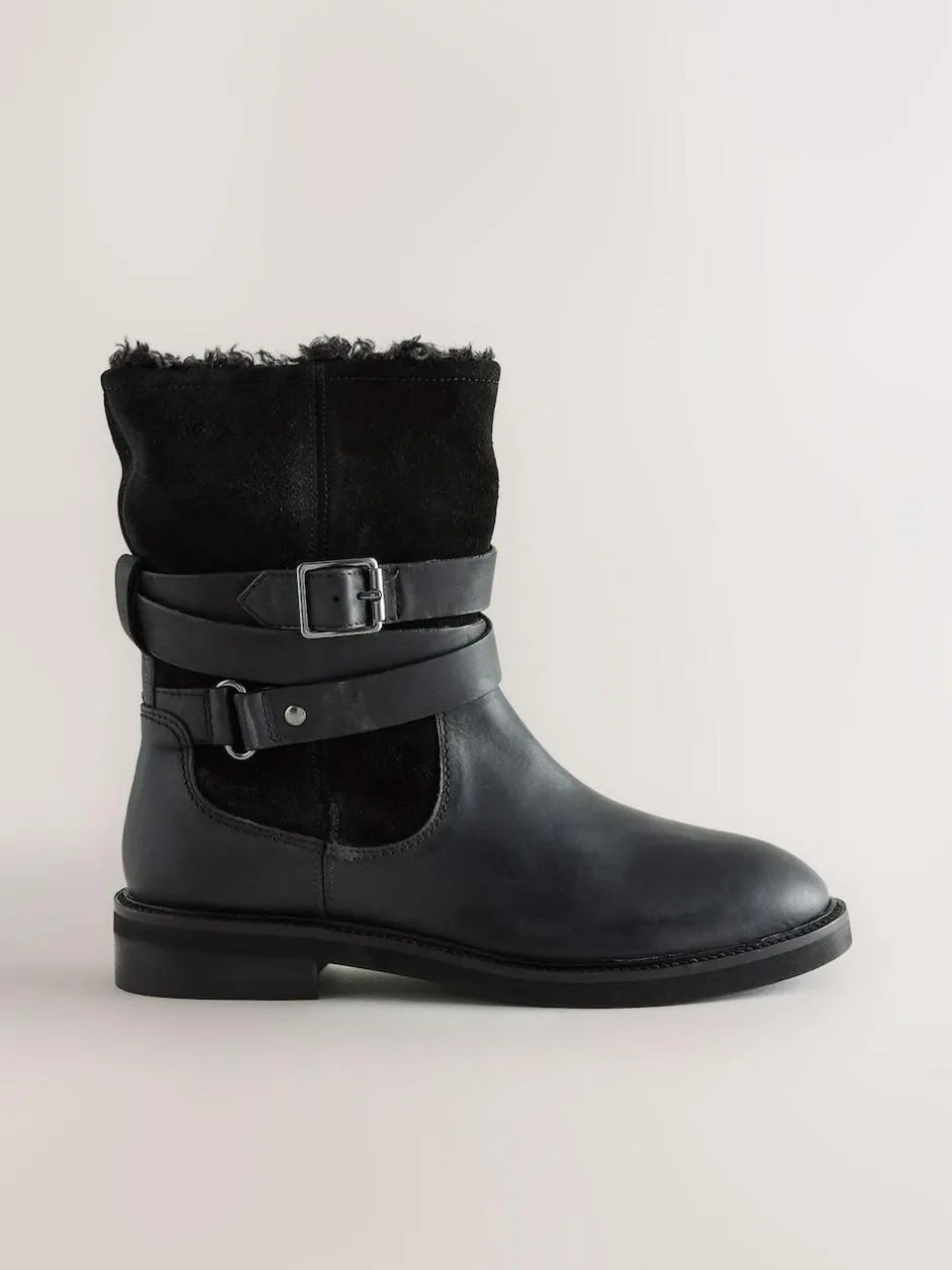 Next Forever Comfort® Borg Lined Buckle Trim Ankle Boots Black Oiled Leather Online