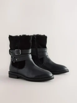 Next Forever Comfort® Borg Lined Buckle Trim Ankle Boots Black Oiled Leather Online