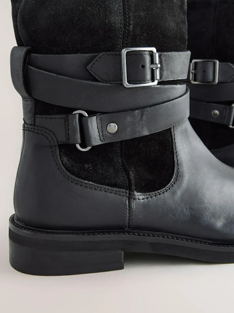 Next Forever Comfort® Borg Lined Buckle Trim Ankle Boots Black Oiled Leather Online