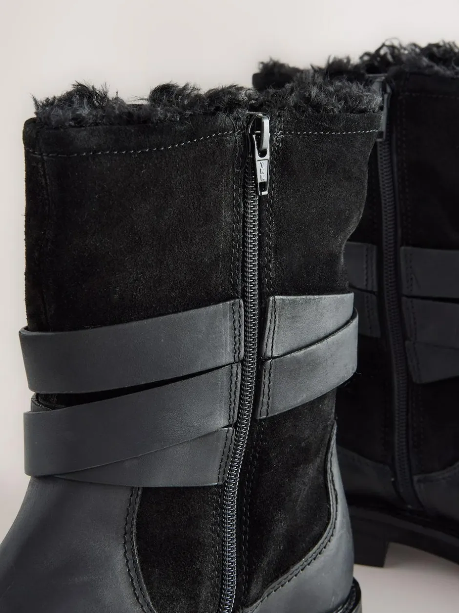 Next Forever Comfort® Borg Lined Buckle Trim Ankle Boots Black Oiled Leather Online