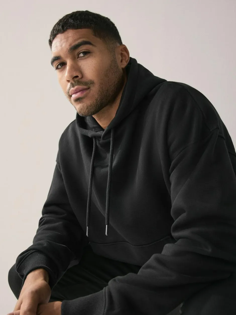 Next Oversized Heavyweight Cotton Rich Jersey Hoodie Black