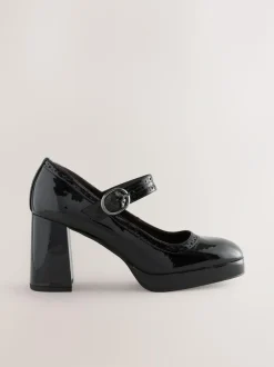 Next Forever Comfort® Brogue Mary Jane Platform Block Heels Black Patent Clearance