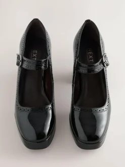 Next Forever Comfort® Brogue Mary Jane Platform Block Heels Black Patent Clearance