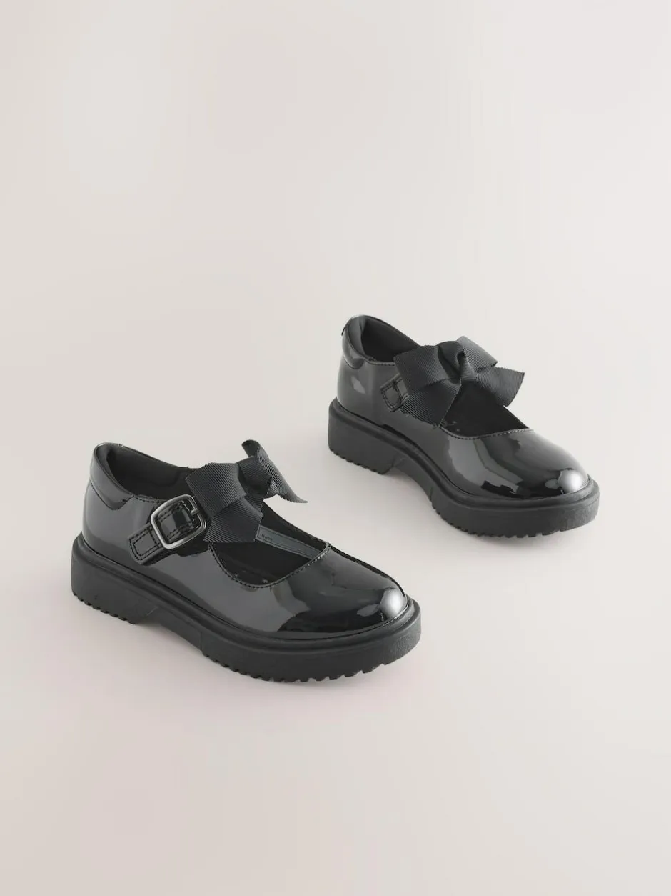 Next Standard Fit (F) Bow Chunky Mary Jane School Shoes Black Patent Discount