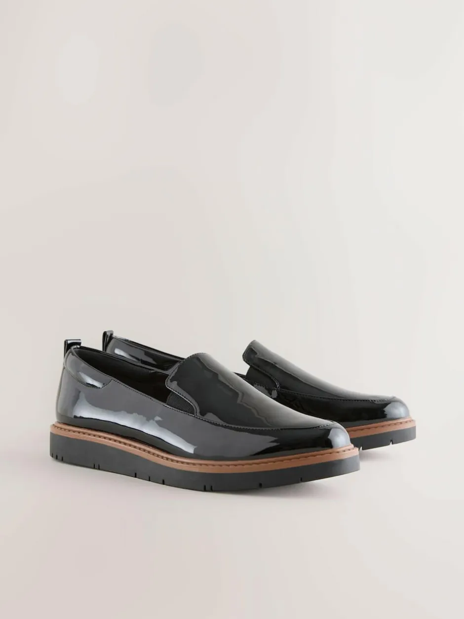 Next Standard/Wide Fit Forever Comfort® Slip On Clean Chunky Sole Loafers Black Patent Clearance