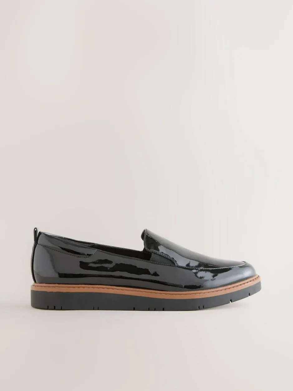 Next Standard/Wide Fit Forever Comfort® Slip On Clean Chunky Sole Loafers Black Patent Clearance