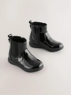 Next Wide Fit (G) Leather Chelsea Ankle Boots Black Patent Sale