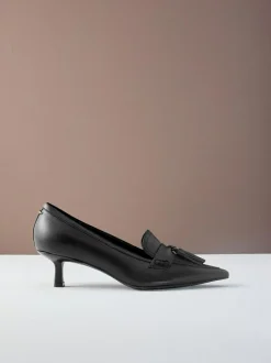 Next Premium Leather With Motionflex Point Toe Tassel Heels Loafers Black