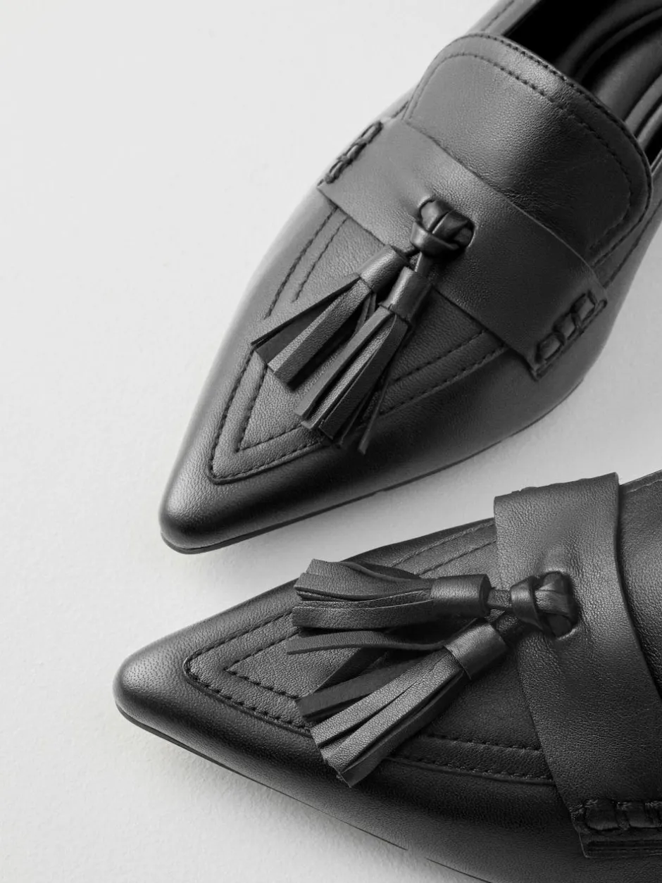 Next Premium Leather With Motionflex Point Toe Tassel Heels Loafers Black
