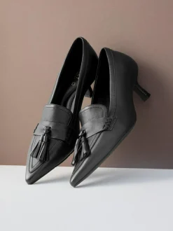 Next Premium Leather With Motionflex Point Toe Tassel Heels Loafers Black