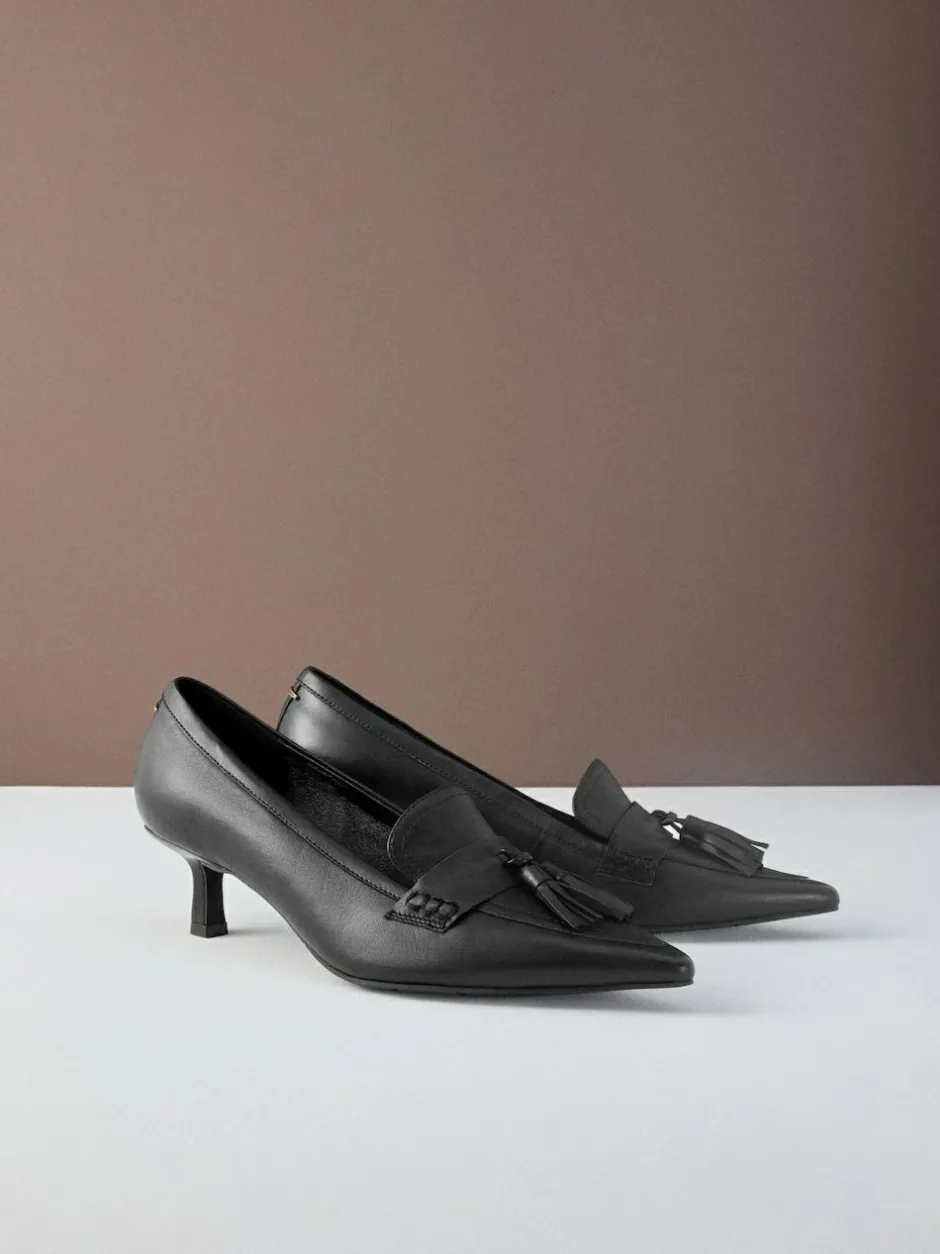 Next Premium Leather With Motionflex Point Toe Tassel Heels Loafers Black
