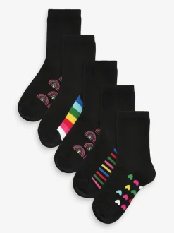Next 5 Pack Cotton Rich Footbed Ankle School Socks Black Rainbow Online
