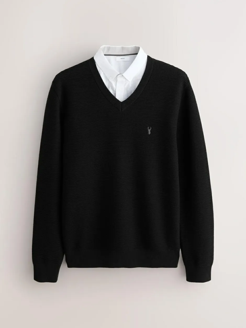 Next Regular Fit Textured Oxford Mock Shirt Jumper Black Hot