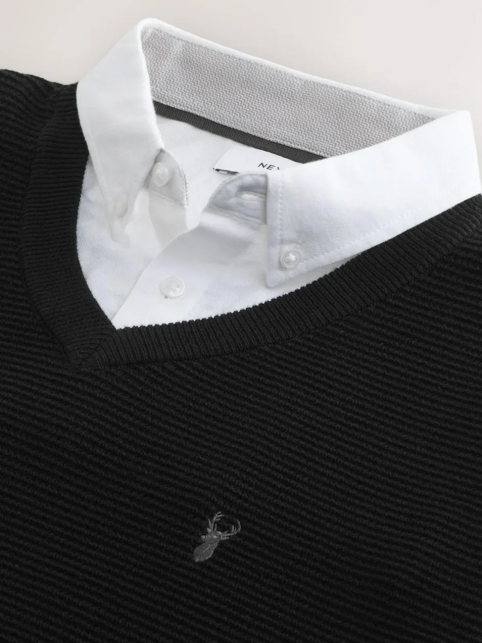 Next Regular Fit Textured Oxford Mock Shirt Jumper Black Hot