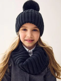 Next Black Rib Pom Beanie (3mths-16yrs) New
