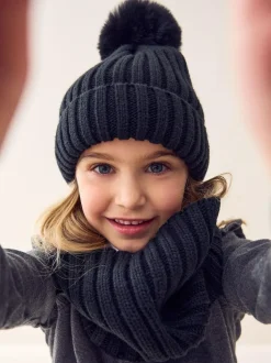 Next Black Rib Pom Beanie (3mths-16yrs) New