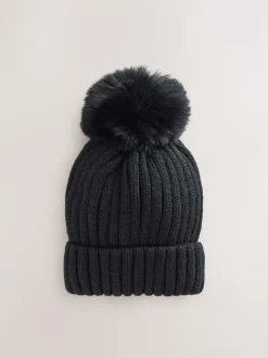 Next Black Rib Pom Beanie (3mths-16yrs) New