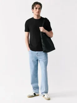 Next Ribbed Short Sleeve Crew T-Shirt Black Clearance