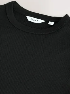 Next Ribbed Short Sleeve Crew T-Shirt Black Clearance