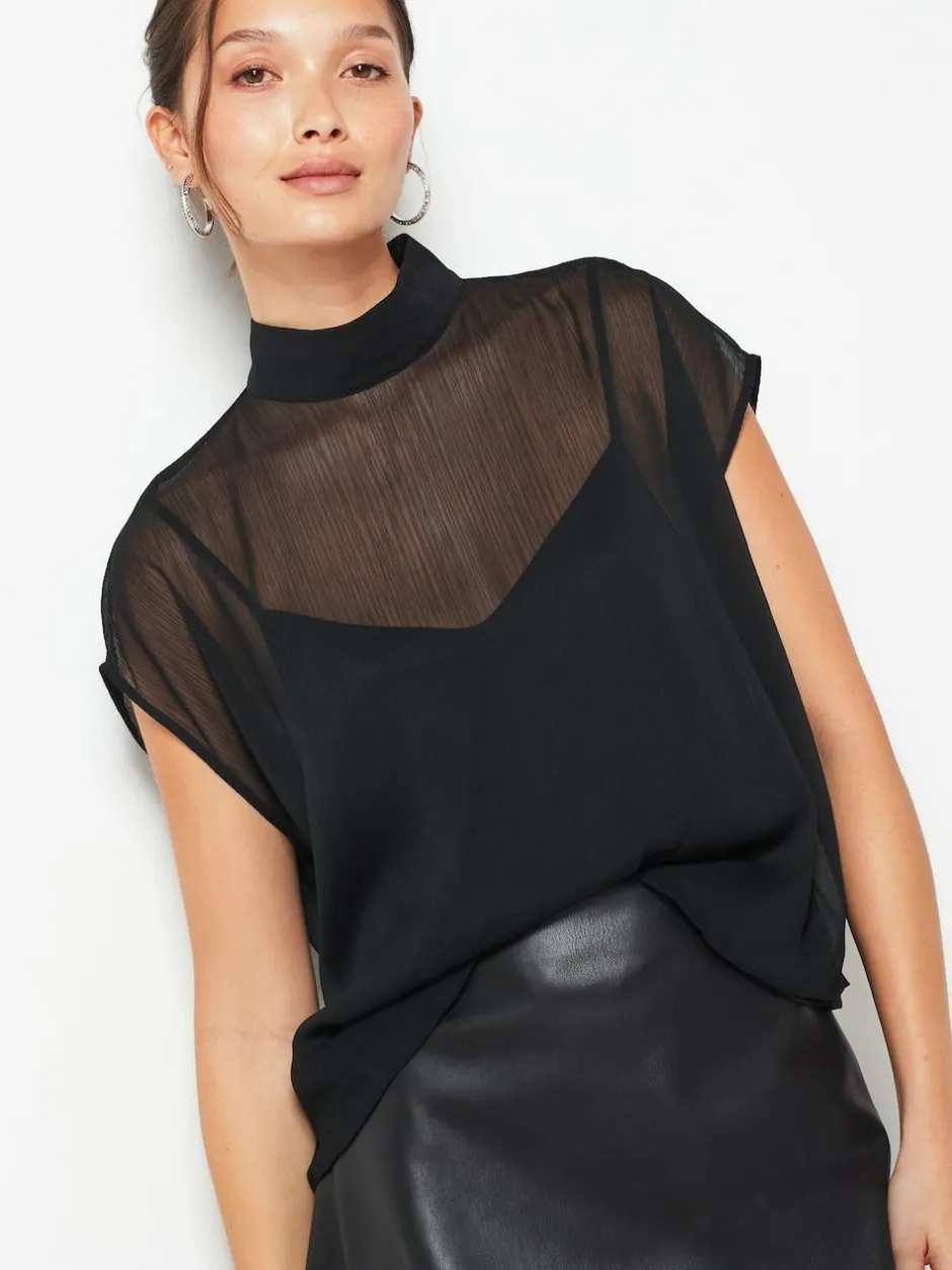 Next Black Sheer Layer Cap Sleeve Top Hot