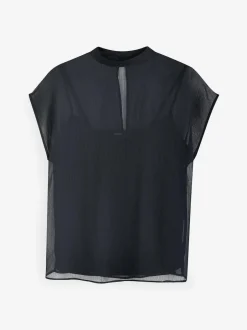 Next Black Sheer Layer Cap Sleeve Top Hot