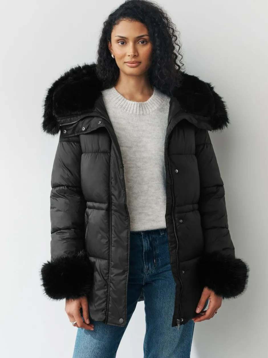 Next Black Short Padded Coat with Faux Fur Trim Hood and Cuffs Best