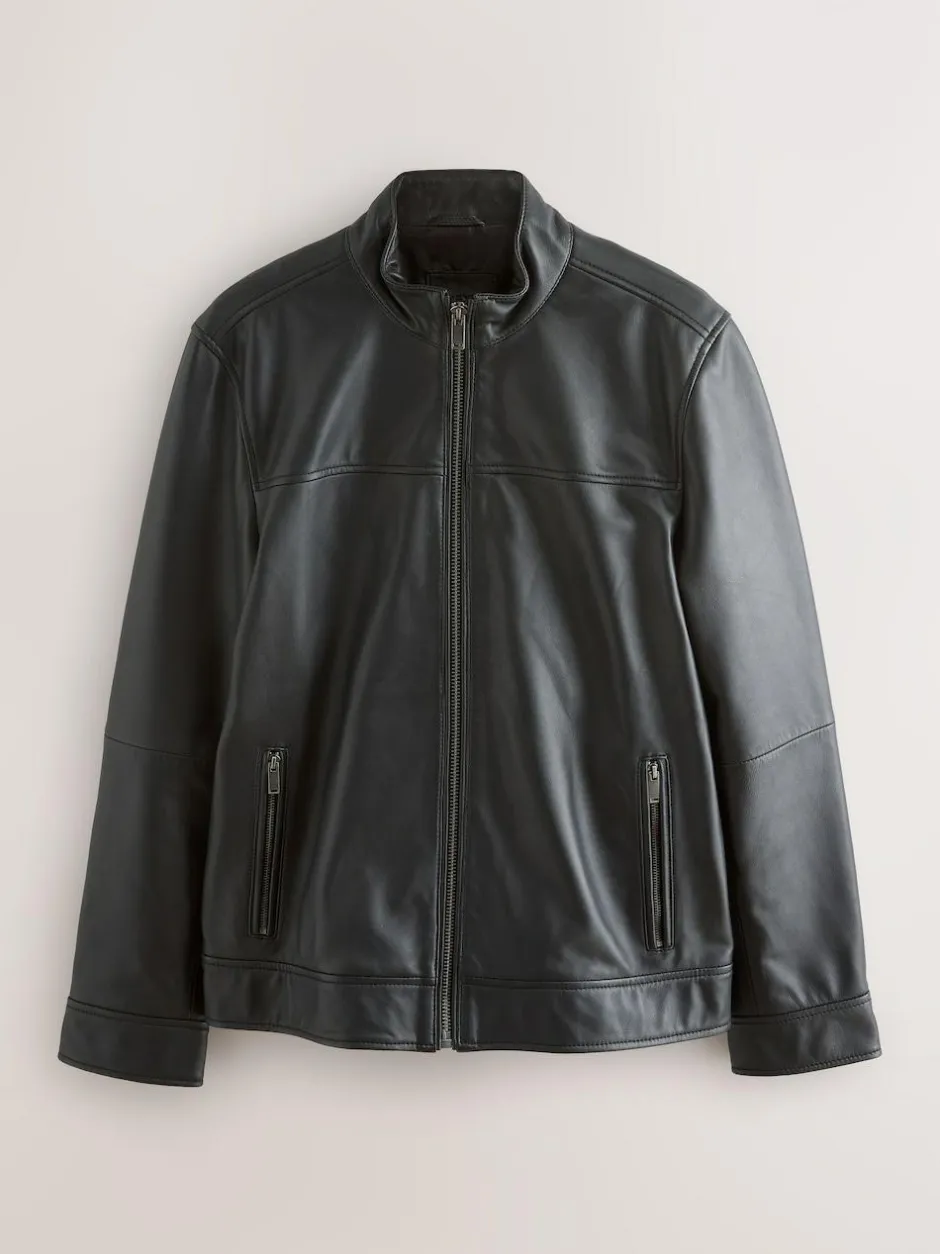 Next Signature Leather Funnel Neck Jacket Black Outlet