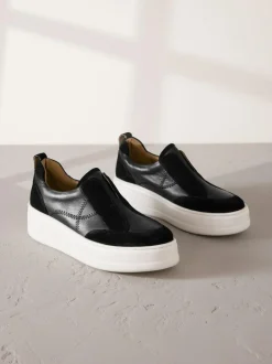 Next Slip On Signature Leather Chunky Wedge Platform Trainers Black Discount