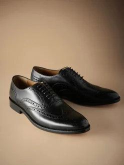 Next Standard Fit Signature Italian Leather Wingcap Brogue Shoes Black New