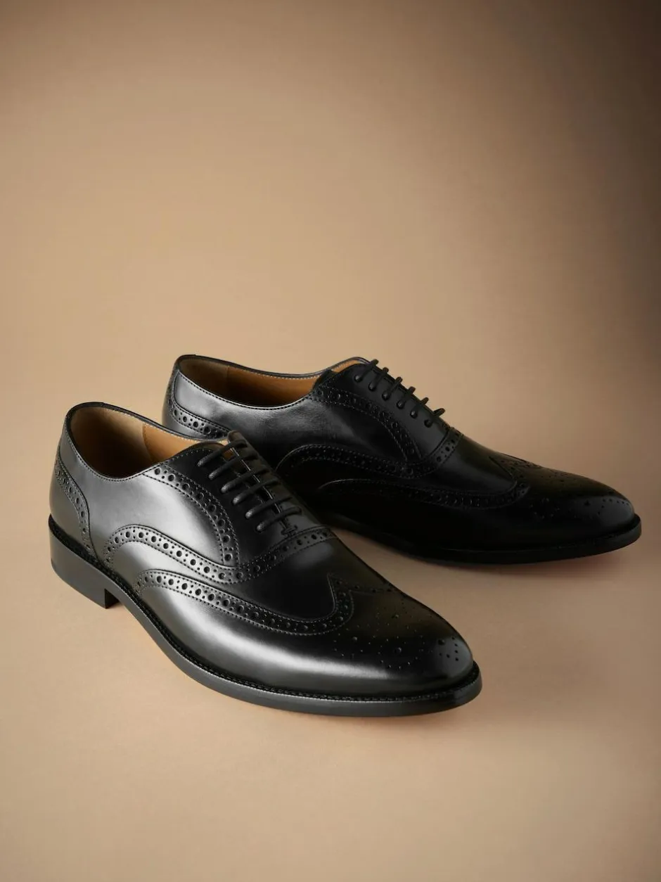 Next Standard Fit Signature Italian Leather Wingcap Brogue Shoes Black New
