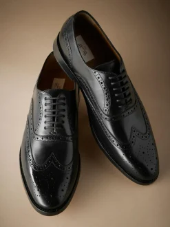 Next Standard Fit Signature Italian Leather Wingcap Brogue Shoes Black New