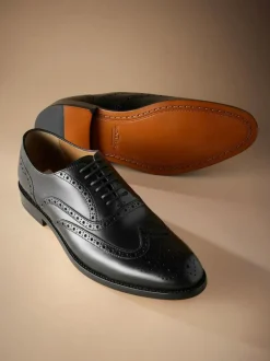 Next Standard Fit Signature Italian Leather Wingcap Brogue Shoes Black New
