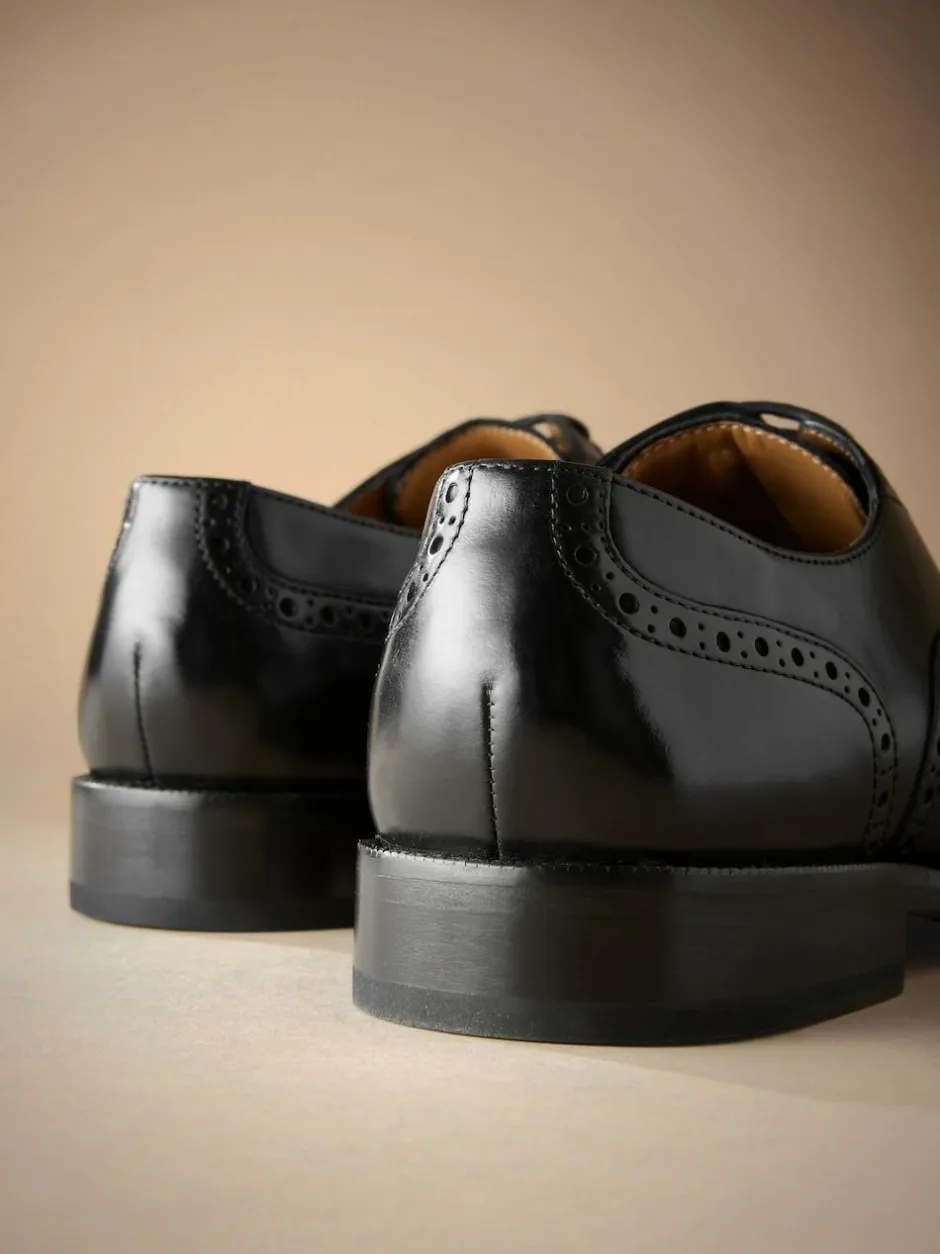 Next Standard Fit Signature Italian Leather Wingcap Brogue Shoes Black New