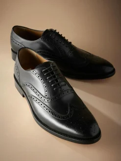 Next Standard Fit Signature Italian Leather Wingcap Brogue Shoes Black New