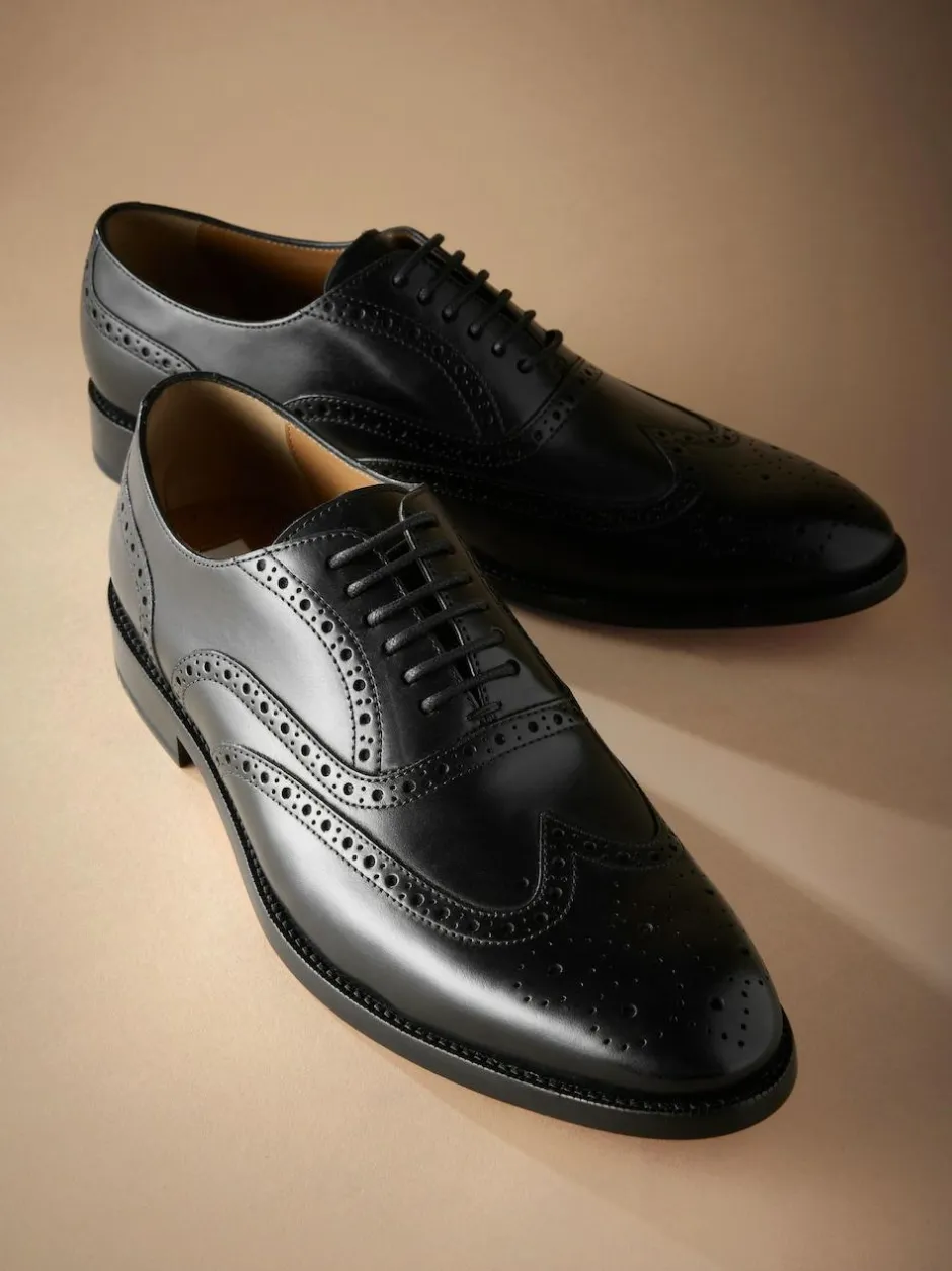 Next Standard Fit Signature Italian Leather Wingcap Brogue Shoes Black New