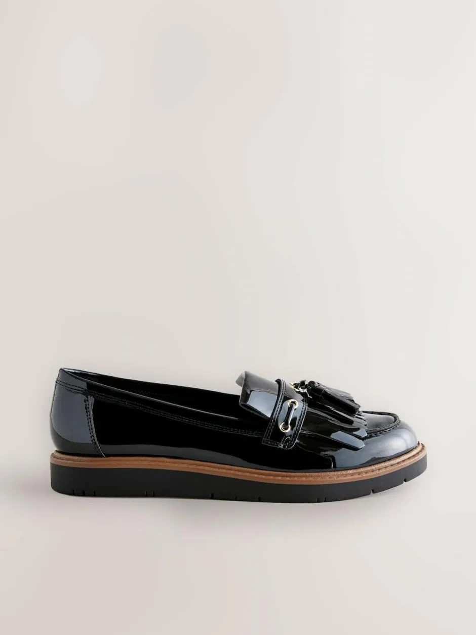 Next Standard/Wide Fit Chunky Patent Tassel Detail Loafers Black Outlet