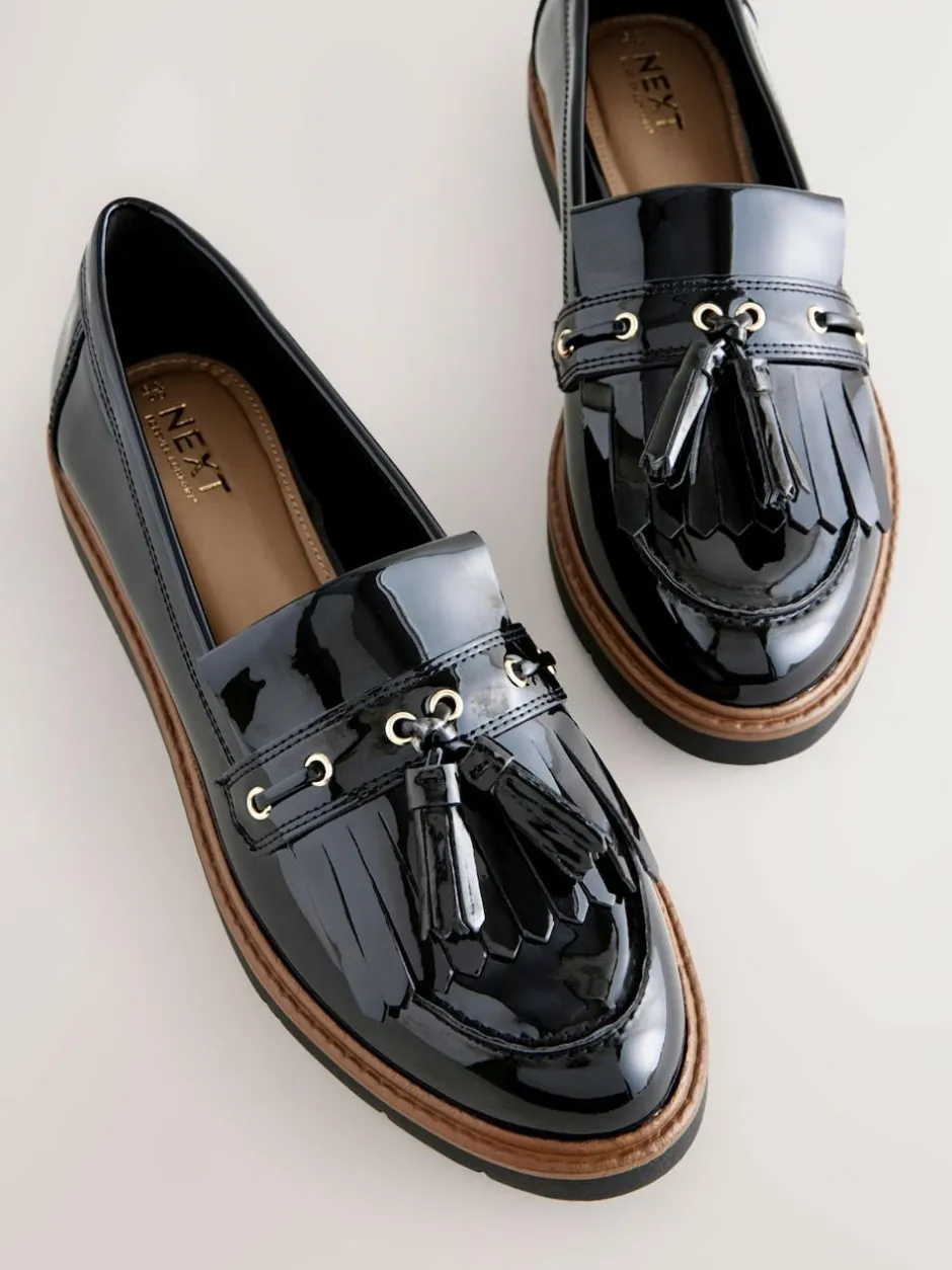 Next Standard/Wide Fit Chunky Patent Tassel Detail Loafers Black Outlet