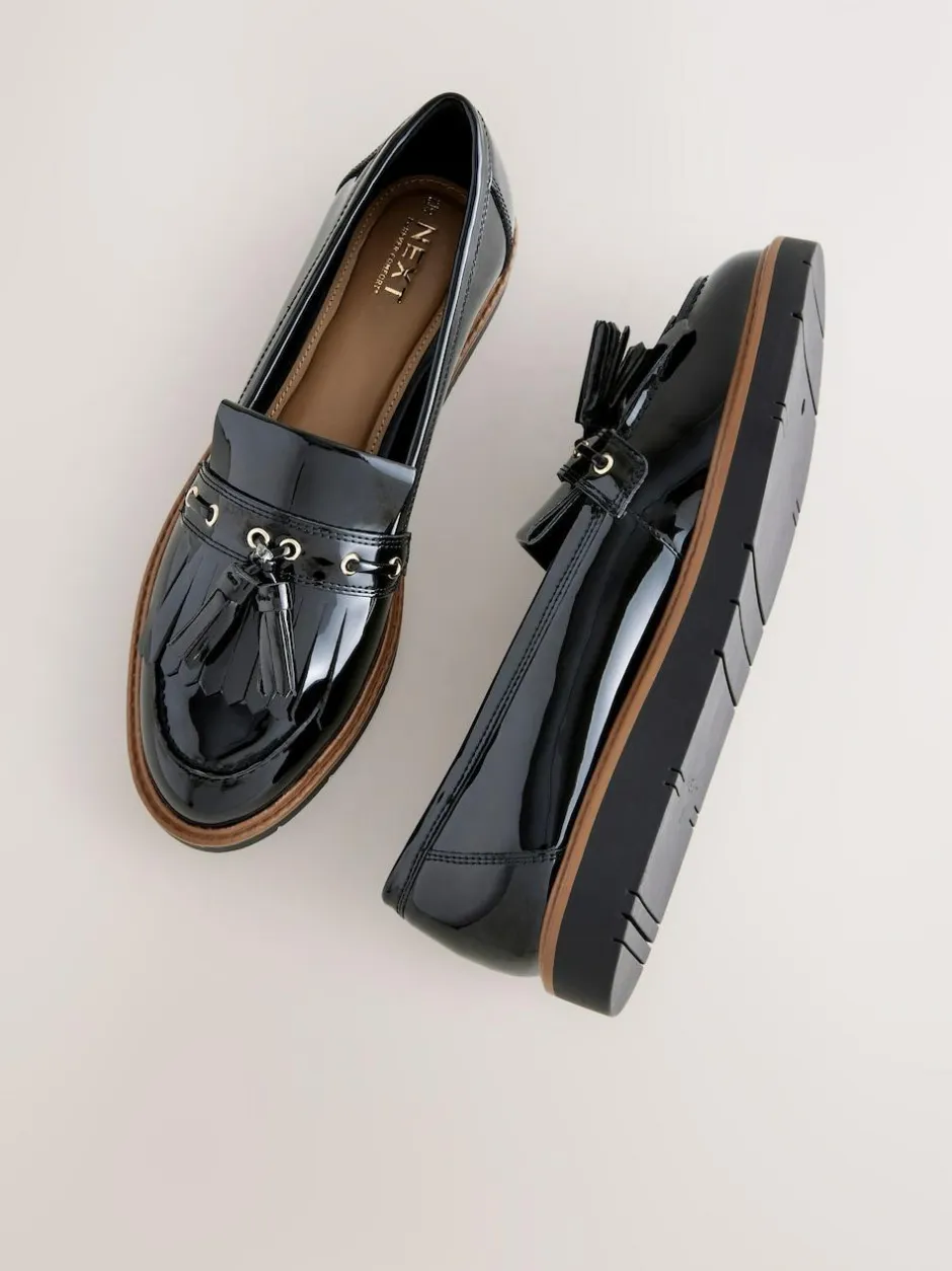 Next Standard/Wide Fit Chunky Patent Tassel Detail Loafers Black Outlet