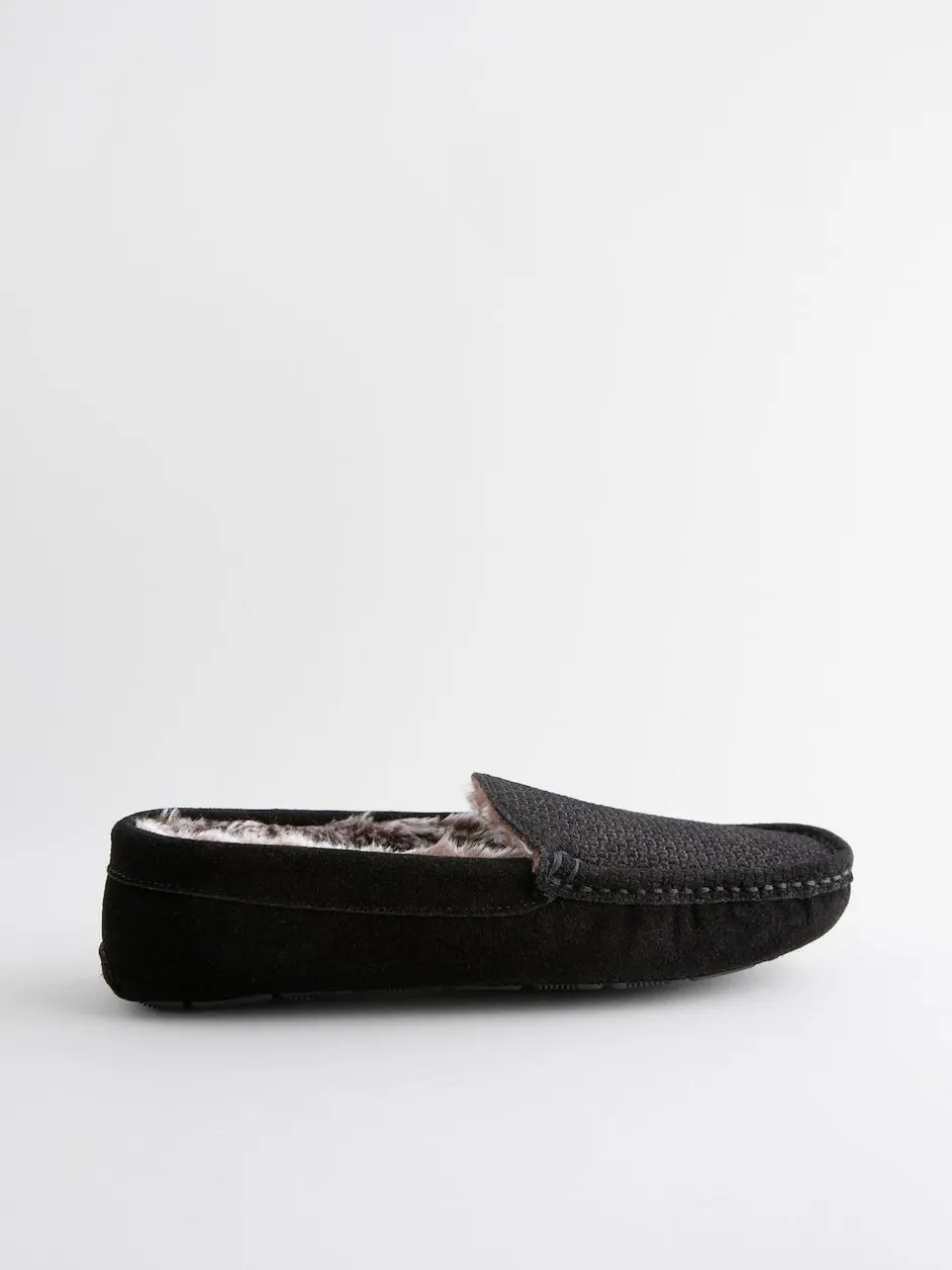 Next Suede Faux Fur Lined Moccasin Slippers Black Discount