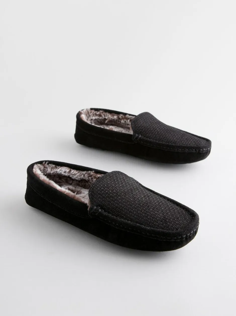 Next Suede Faux Fur Lined Moccasin Slippers Black Discount