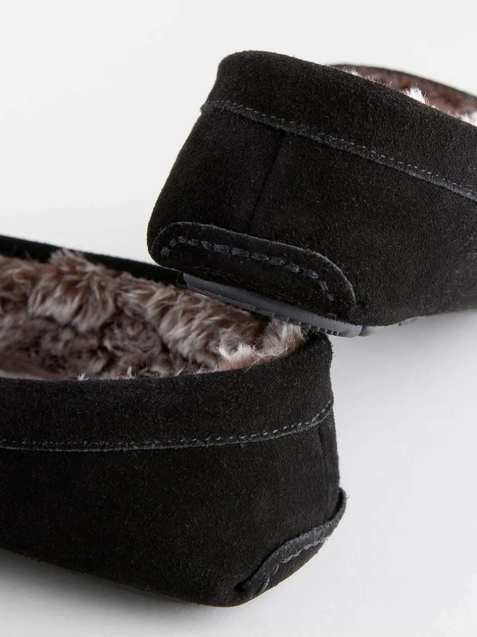 Next Suede Faux Fur Lined Moccasin Slippers Black Discount
