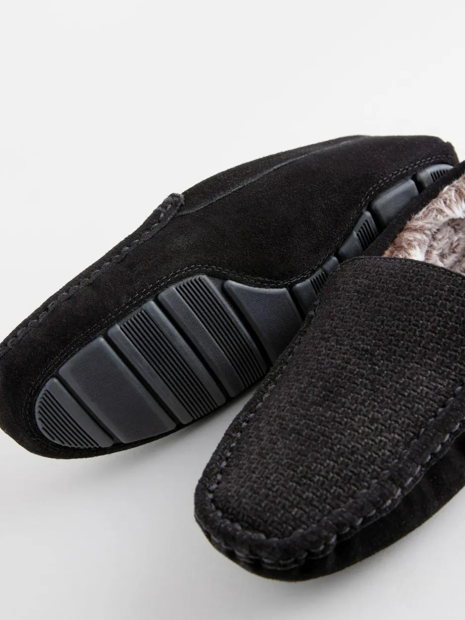 Next Suede Faux Fur Lined Moccasin Slippers Black Discount