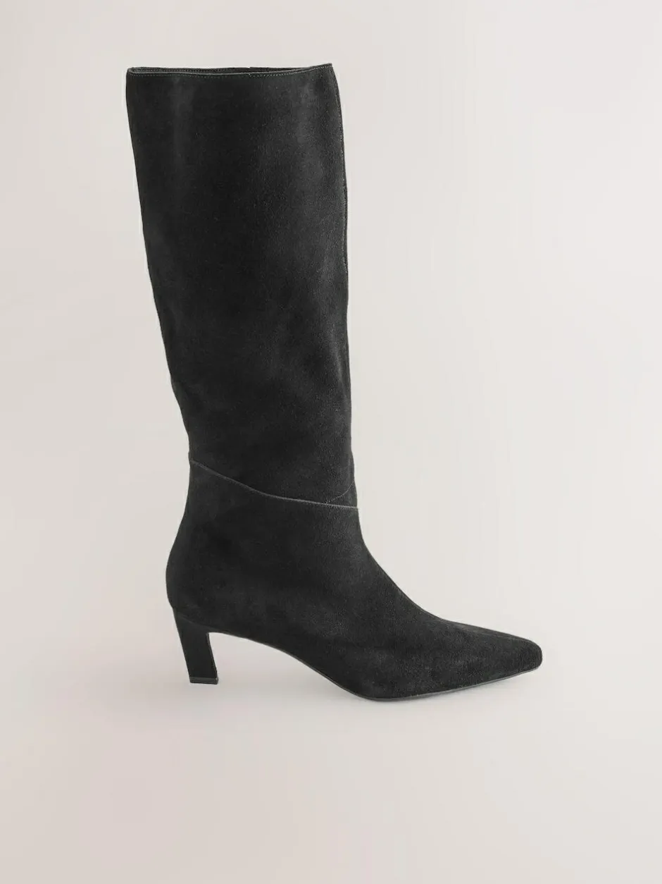 Next Forever Comfort® Knee High Chisel Toe Heeled Boots Black Suede Discount