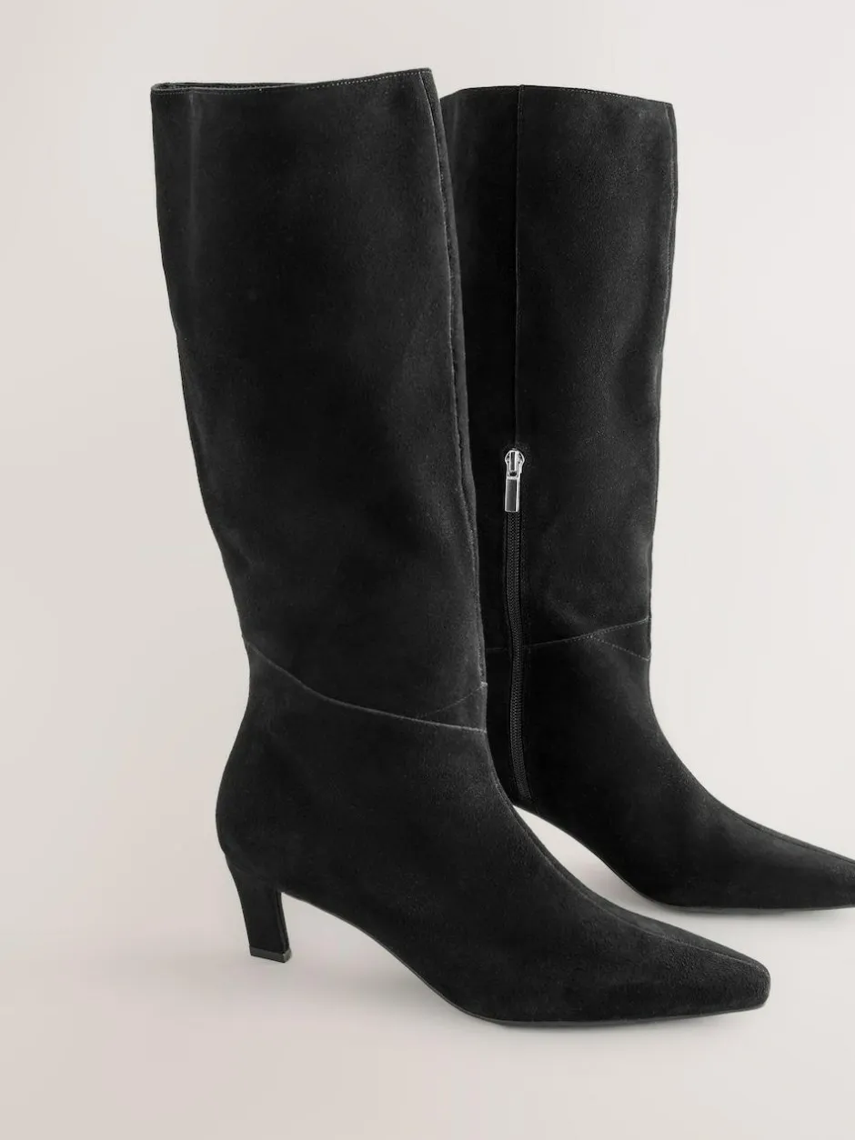 Next Forever Comfort® Knee High Chisel Toe Heeled Boots Black Suede Discount