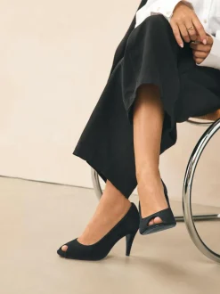 Next Premium Leather Peep Toe Heels Black Suede Outlet