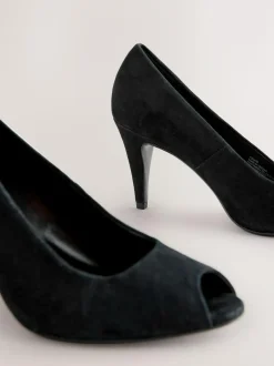 Next Premium Leather Peep Toe Heels Black Suede Outlet